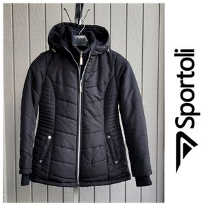 Hooded S/M Winter Coat NWOT Double Zip Black Silver | Sportoli Outerwear